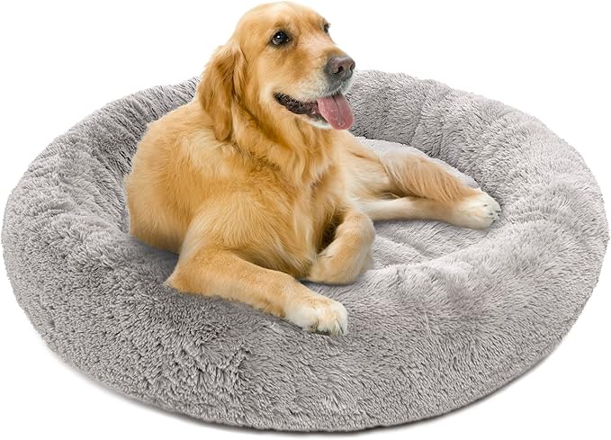 Friends Forever Donut Dog Bed Faux Fur Fluffy Calming Sofa For Large Dogs, Soft & Plush Anti Anxiety Pet Couch For Dogs, Machine Washable Coco Pet Bed with Non-Slip Bottom, 36"x36"x8" Grey