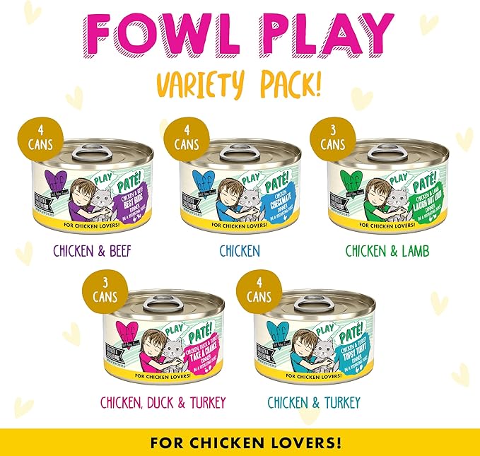 Weruva B.F.F. Play - Best Feline Friend Paté Lovers, Aw Yeah!, Fowl Play Yellow Patés Variety Pack, 2.8oz Can (Pack of 18)