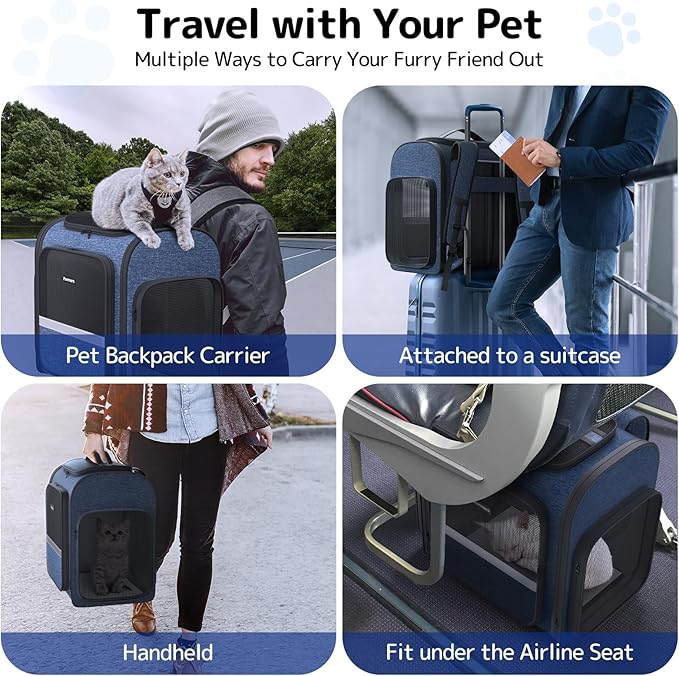 Pawtners Cat Carrier Backpacks Expandable Pet Backpack with Breathable Mesh, Pet Carrier Backpack for Cats Small Dogs Puppies Up to 18 Lbs, Dog Carrier Backpack for Travel Hiking Camping Outdoor Blue