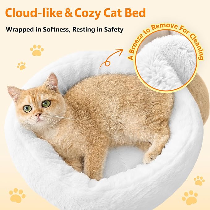 Modern Cat Tree for Indoor Cats, 36in H Cat Condo Tower with Scratching Posts, Cozy Cat Bed Cave, Washable Cushions, Dangling Balls, Play & Nap Structure for All Breeds of Cats, Brown & White