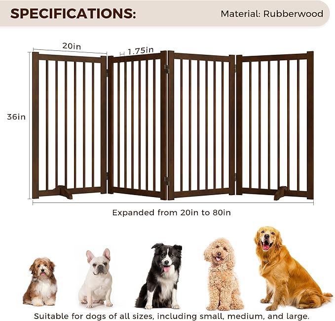36" H Freestanding Pet Gate, Solid Wood Foldable Dog Gate with Support Feet, Wooden Tall Dog Gate for Doorway, Stairs & Indoor Use, 60" Wide Expandable Pet Fence, 4 Panels, Walnut