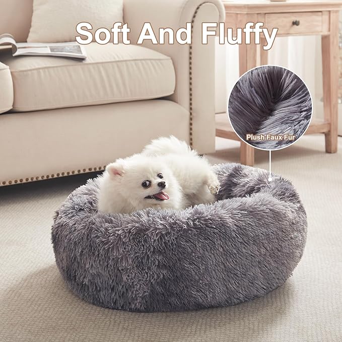 23 inches Donut Dog Bed for Small Dogs - Calming Washable Round Puppy Bed with Removable Cover, Fluffy Plush Pet Bed for Cats & Dogs, Fits up to 25 lbs Pets (Tie-dye Grey,Small)