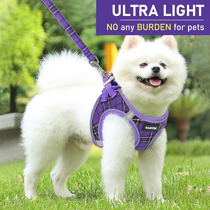 GAMUDA Small Dog Harness Collar and Leash Set, Step in No Chock No Pull Soft Mesh Adjustable Dog Vest Harnesses Plaid Reflective for Dogs Puppy Cats Kitten Rabbit (Purple, XXS)