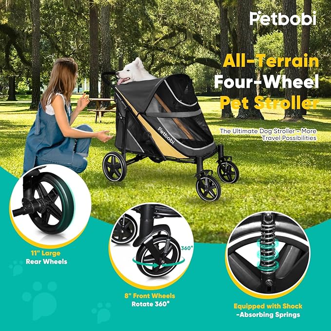 Petbobi Dog Stroller for Medium Dogs - Easy Fold Dual Entry Pet Stroller with One-Foot Brake, All Terrain Wagon Cart with Large Air Mesh, Ideal for Large Senior Pets up to 80 lbs, Black