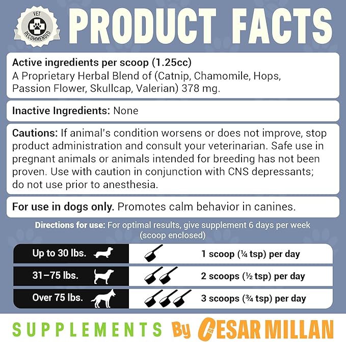 Better Dog Supplements Calm Surrender by Cesar Millan – Natural Dog Calming Powder for Stress, Anxiety, Grooming, Travel & Thunderstorms – Catnip, Chamomile & Valerian – 4oz, (60-Day Supply)