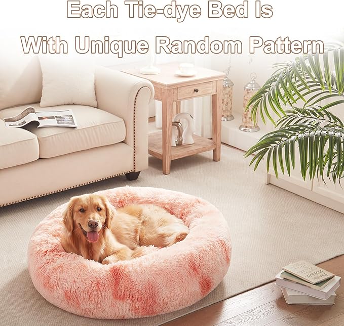 36 inches Donut Dog Bed for Large Dogs - Calming Fluffy Round Pet Bed with Removable & Washable Cover,Fits up to 100 lbs Pets (Tie-dye Pink,Large)