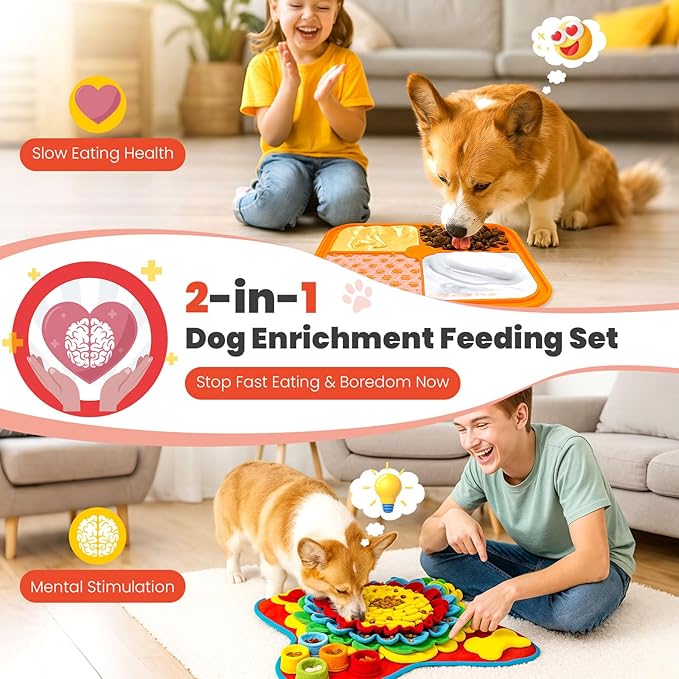 Petcare Dog Snuffle Mat and Lick Mat Set, Interactive Enrichment Dog Puzzle Toy for Puppy Small Medium Dogs Cats Rabbits, Cognitive Sniff Foraging Mats Mental Stimulation Treat Game Slow Feeder Mats