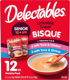 Hartz Delectables Lickable Treat Bisque Senior 10+ Wet Cat Treat Variety Pack, Food Topper, Hydrating, Grain-Free, No Fillers, No by-Products, No Added Preservatives, 1.4oz Pouch, 12ct