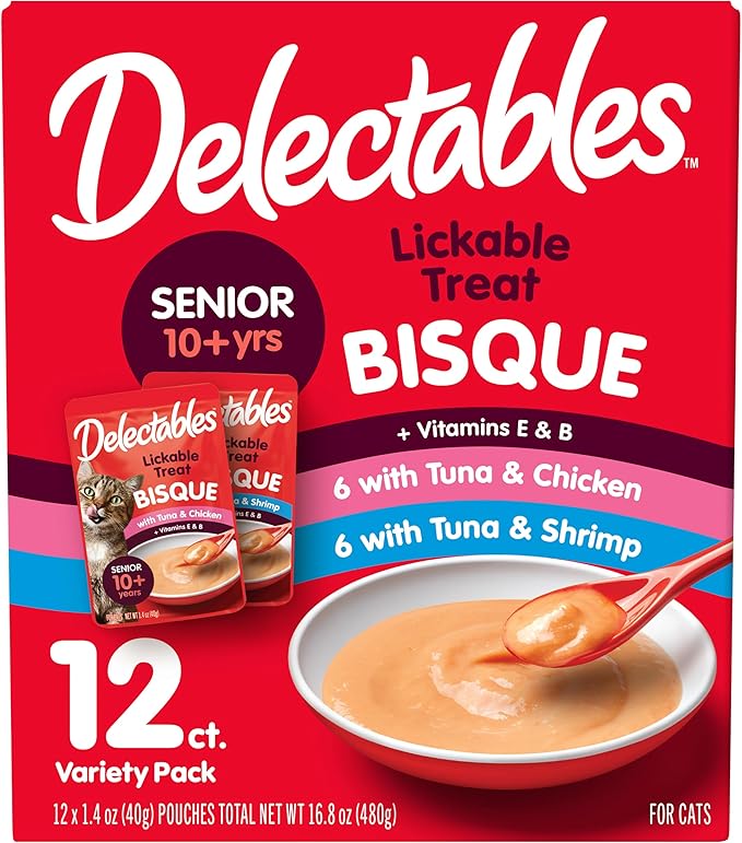 Hartz Delectables Lickable Treat Bisque Senior 10+ Wet Cat Treat Variety Pack, Food Topper, Hydrating, Grain-Free, No Fillers, No by-Products, No Added Preservatives, 1.4oz Pouch, 12ct