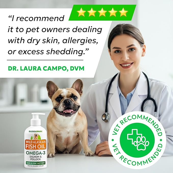 BARK&SPARK Omega 3 Fish Oil for Dogs - w/Wild Alaskan Salmon Oil for Dogs, Fish Oil Liquid Supplement for Pets, EPA+DHA Fatty Acids, Skin&Coat Support - Itch&Allergy Relief, Joint, Immune&Heart Health