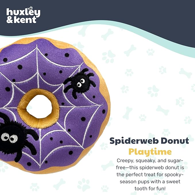 Huxley & Kent Halloween Funny Dog Toy w/Squeaker – Power Plush Squeaky Dog Toys for Small, Medium & Large Dogs – Soft Stuffed Animal for Indoor Play & Fetch - Spiderweb Donut, One Size