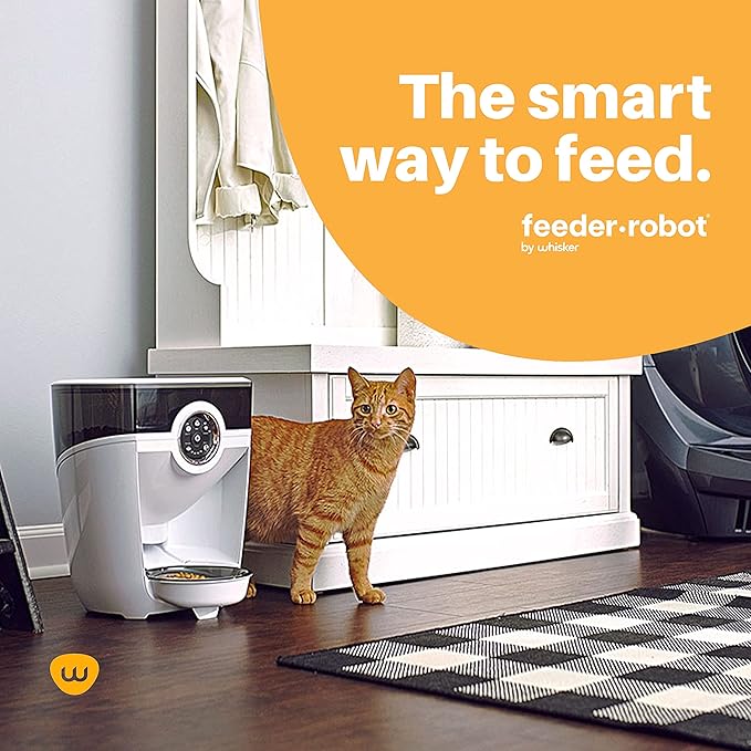 Feeder-Robot by Whisker, White with Smoke-Grey Hopper; Includes Backup Battery; Smart, Automatic Pet Feeder, Feed Your Cat or Dog from Anywhere, Designed & Assembled in USA