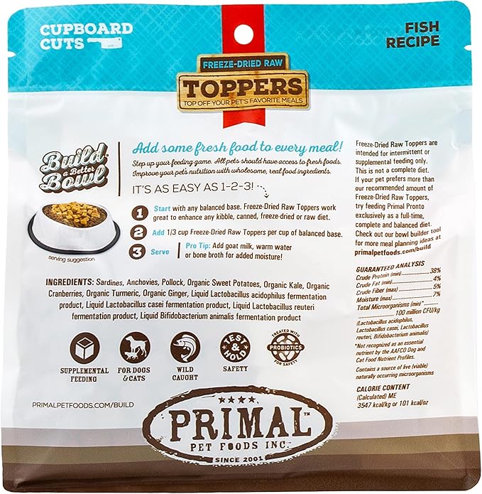 Primal Dog Food Toppers & Cat Food Toppers, Cupboard Cuts, Grain Free Meal Mixers with Probiotics, Raw Freeze Dried Dog Treats & Cat Treats, Great for Training (Fish, 3.5 oz)