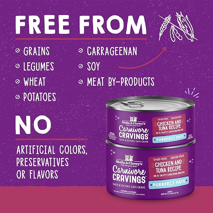 Stella & Chewy's Carnivore Cravings Purrfect Paté - Premium Grain-Free Wet Cat Food - Chicken & Tuna Recipe - High Protein with Bone Broth - Perfect for Picky Eaters - 2.8oz Cans (24 Pack)