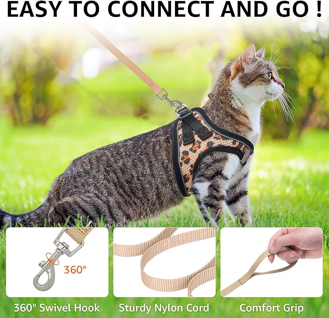 SCENEREAL Cat Harness & Leash Set Escape Proof - Adjustable Air Mesh Vest with Reflective Strips for Kittens, Puppies, Rabbits, Khaki Leopard M