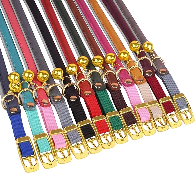 OOPSDOGGY Rolled Leather Cat Collar with Bell - Reflective Kitten Collar with Safety Elastic Strap - Adjustable Small Pet Collars for Boy Girl Cats (Graphite)