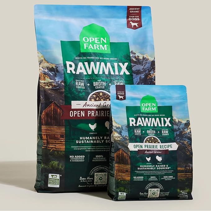 Open Farm, RawMix Dry Dog Food with Ancient Grains, Protein-Packed Kibble Coated in Bone Broth with Freeze Dried Raw Chunks, Chicken & Turkey, Open Prairie Recipe, 3.5lb Bag