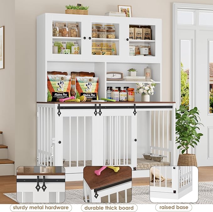 TTVIEW 71"H x 55"L Large Dog Crate Furniture with Hutch Shelf and Glass Door, Indoor Dog Kennel with Divider and Feeding Bowls for Large Dogs 2 Pets, Heavy Duty Dog Cage Pet House with 4 Doors, White
