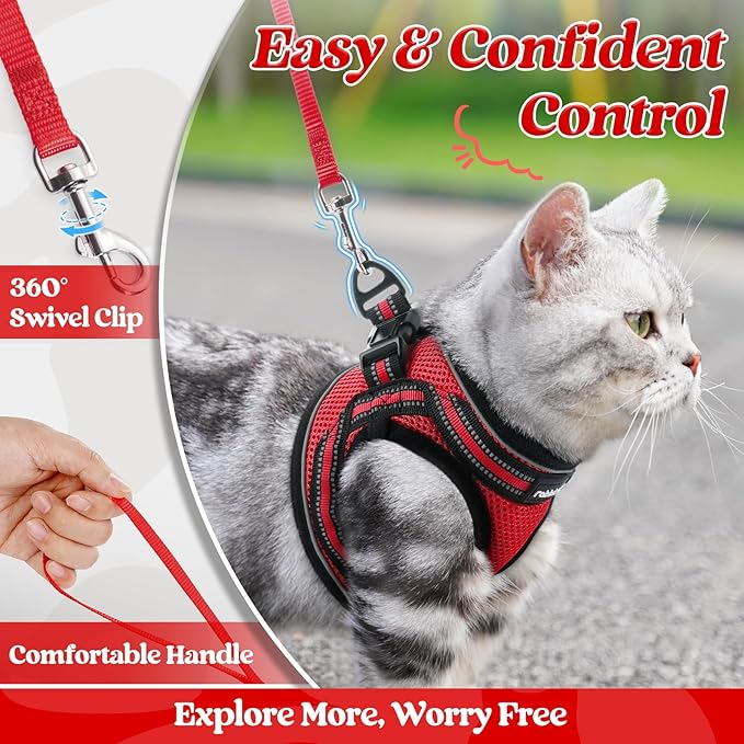 rabbitgoo Cat Harness and Leash Set for Walking Escape Proof, Adjustable Soft Kittens Vest with Reflective Strip for Cats, Comfortable Outdoor Vest, Red, M