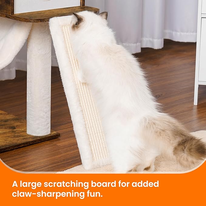 Heybly Wood Cat Tree for Indoor Cats, Cat Condo for Large Cats with Self Groomer, Modern Cat Scratching Tower with Basket, Hammock, Dangling Ball and Leaves, Rustic Brown HCT120SR