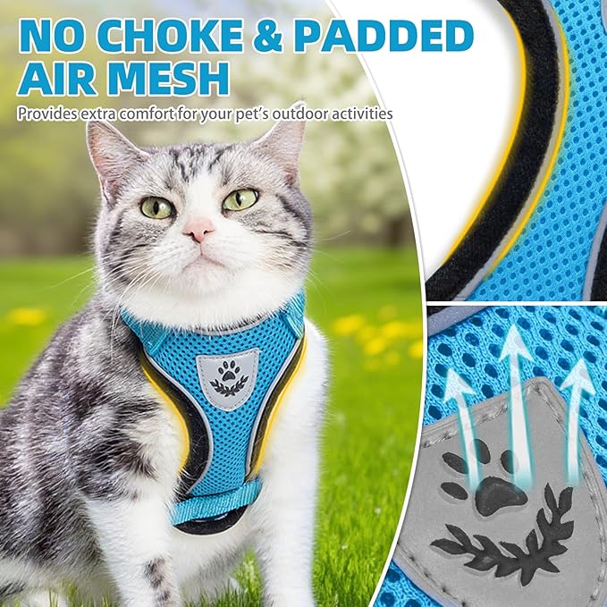 PUPTECK Cat Harness and Leash Set Escape Proof Reflective Cat Walking Harness Adjustable Soft Breathable Mesh Vest for Small Pets, Blue, S