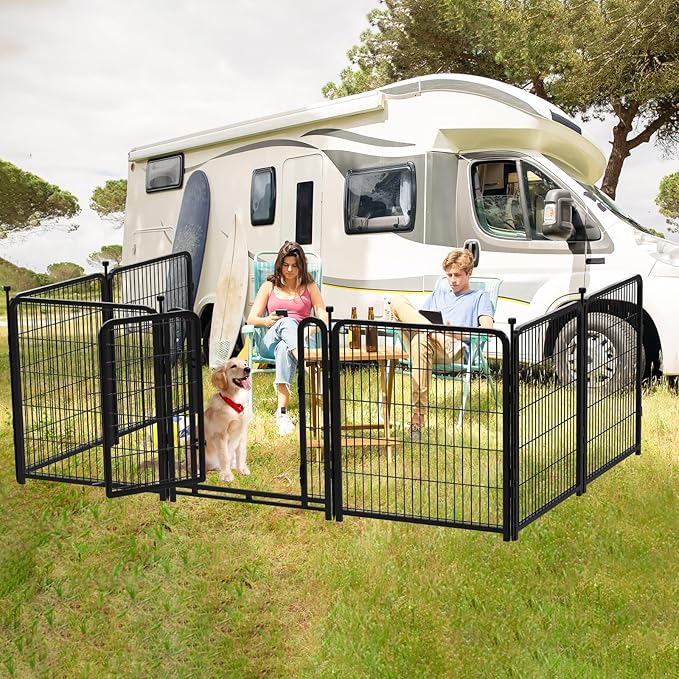 Dog Fence Outdoor 40inch 8 Panels with Door, Puppy Playpen Indoors, Metal Dog Pen Heavy Duty Pet Puppy Exercise Pen for Rv Camping Garden Yard, Wide Door Low Threshold Total 31 Ft Long