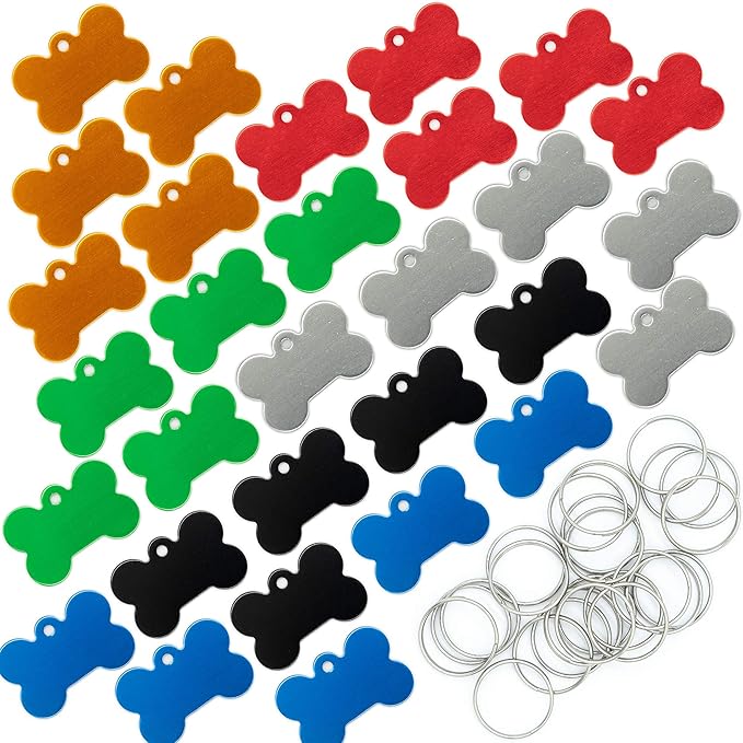 Aluminium Blank Bone Shape Dog ID Tags Pet ID Tags Number Tag with Key Ring 30pcs (Mixed Color)