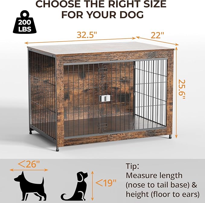 Dog Crate Furniture, Wooden Dog Crate 33in, Decorative Cage with End Table for Dog Indoor Kennel, High Anxiety Dog, Escape-Proof Locks for All Breeds
