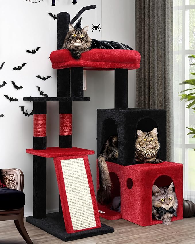 Globlazer Gothic Cat Tower for Indoor Adult Cats, 50-inch Heavy Duty Goth Cat Tree for Big Cats, Maine Coon Cat Tree with Extra-Large Padded Platform, 2 Large Condos, F50
