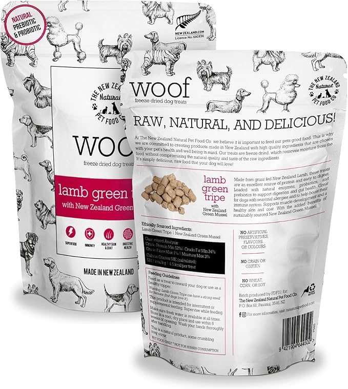 WOOF Lamb Green Tripe Freeze Dried Raw Dog Treats with Added New Zealand Green Mussel - High Protein, Natural, Limited Ingredient Topper or Treat 1.76 oz