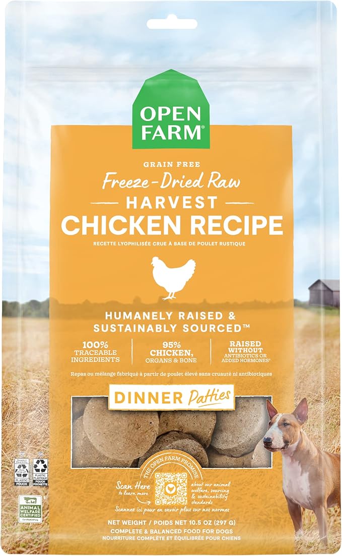 Open Farm, Freeze Dried Raw Dog Food, Patties with 95% Meat, Organs & Bone, Complete Meal or Freeze Dried Dog Food Mixer, Chicken Recipe, 10.5oz Bag