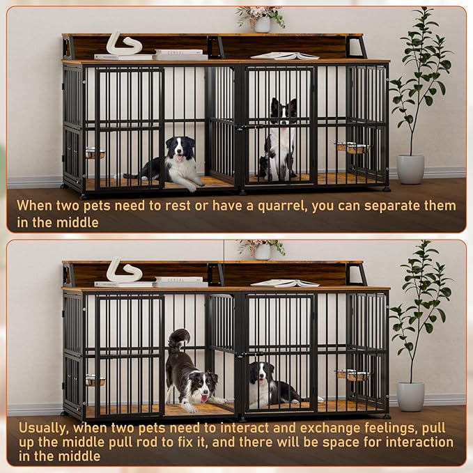 XXL Dog Crate Furniture for 2 Dogs, Extra Large Double Dog Cage Large Breed, Thick Wooden Dog Crate with Storage Rack, 72 Inch Double Dogs House Sturdy Dog Kennel with Removable Divider