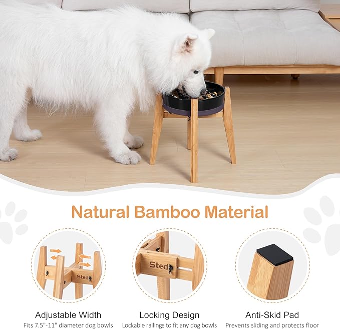 Sted Locking Elevated Dog Bowl Stand for Large Dogs, Adjustable Width 6.5-8.5 Inches Raised Dog Bowl Stand, 8.5" Tall Dog Food Bowl Holder, Bamboo Dog Slow Feeder Stand