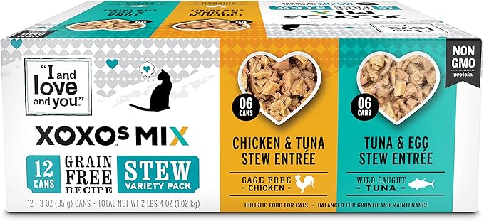 I and love and you XOXOs Wet Cat Food - Chicken + Tuna Stew Variety Pack - Grain Free, Filler Free, 3oz Pack of 12 Cans