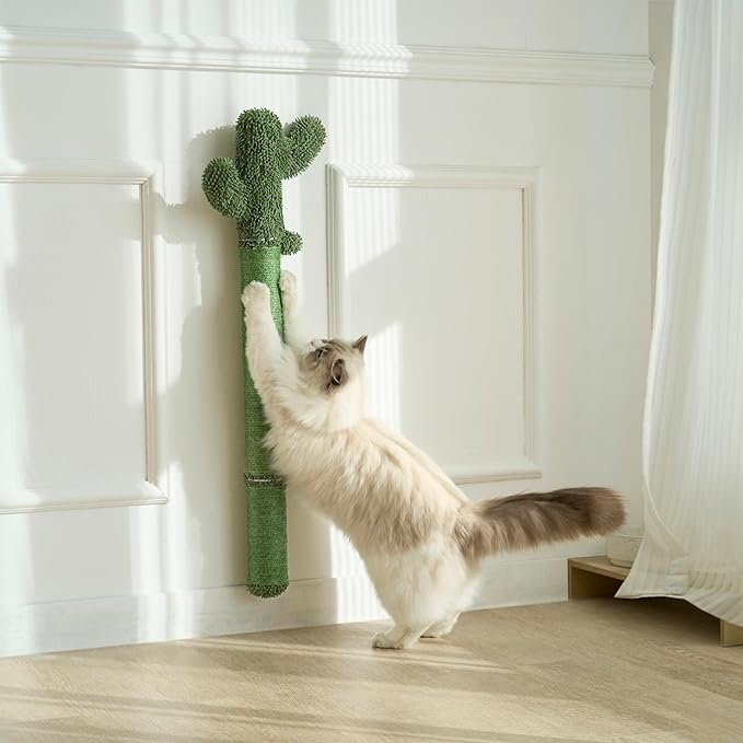 35" Extra-Tall Wall Mounted Cat Scratcher – Vertical Sisal Scratching Post for Large Cats, Space-Saving Cat Wall Climber with Self-Grooming Brush & Hanging Ball Toy, Stylish Cactus Design, Green