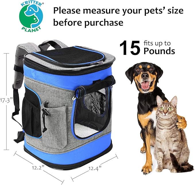 Kritter Planet Pet Carrier Backpack for Cats Dogs, Breathable Pet Backpack with 4 Mesh Window, Portable Pet Carrier for Camping