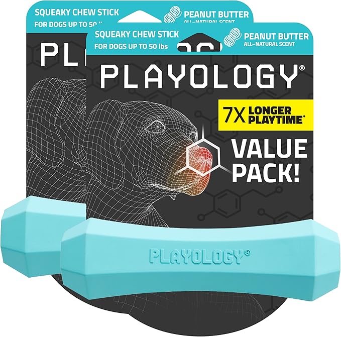 Playology Squeaky Dog Toy Fetch Stick | Durable Rubber Toys for Interactive Play | Peanut Butter Scented Fetch Stick for Medium Dogs, Value 2-Pack | Floating Dog Toy Made from Non Toxic Materials