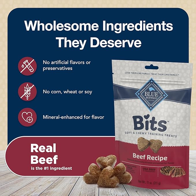 Blue Buffalo Bits Soft Dog Treats for Training, Made With Natural Ingredients & Enhanced with DHA, Beef Recipe, 11-oz Bag
