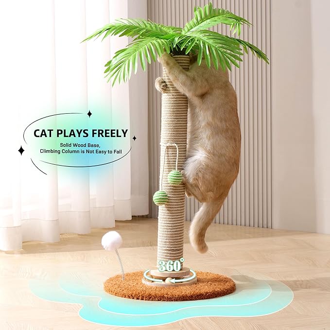 Cat Scratching Post for Space-Saving, 32'' Tall Cat Tree Post with Wooden Turntable Toy, Sisal Rope Cat Scratcher Post with 2 Interactive Ball for Indoor Cats and Kitten Climbing,Play & Rest