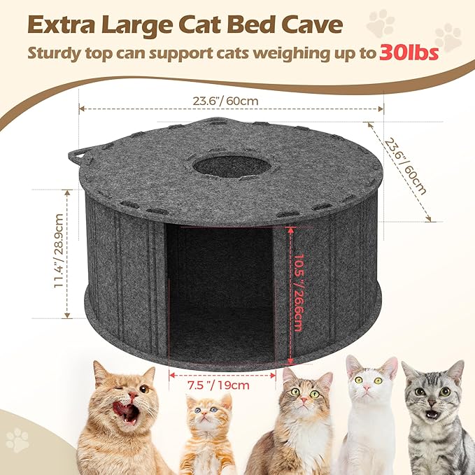 ComSaf Cat Donut Tunnel Bed - Peekaboo Cat Cave Bed for Indoor Cats, Large Pet House Round Cat Play Tunnel for Multiple Cats Up to 30 Lbs, 2 in 1 Detachable Felt Cat Hideaway Nap Rest Bed, Dark Grey