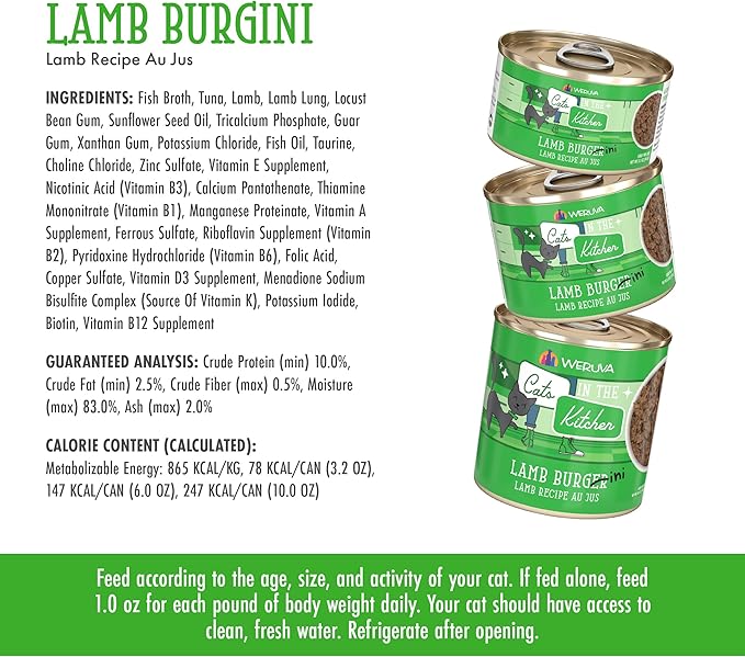 Weruva Cats in The Kitchen, Lamb Burger-ini with Lamb Au Jus Cat Food, 3.2oz Can (Pack of 24)