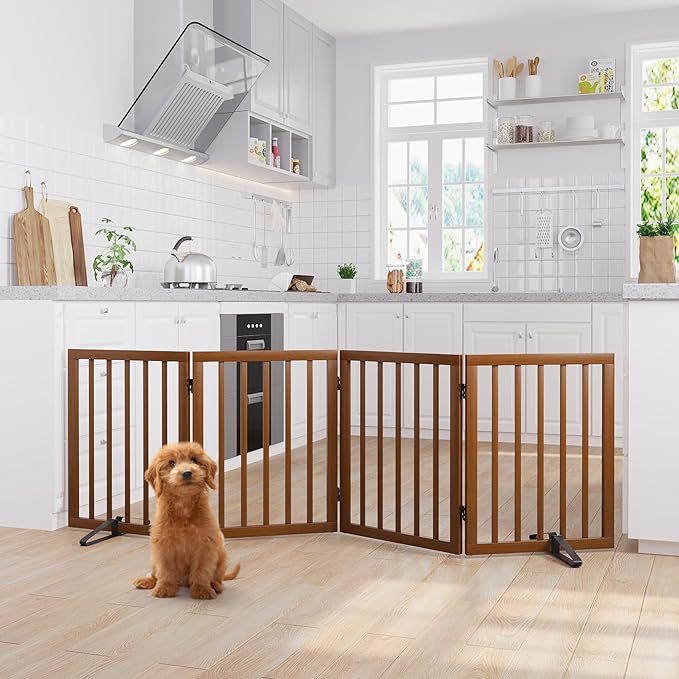 Semiocthome Freestanding Dog Gate 24“Tall, Walnut Foldable Dog Gates for Doorways Stairs Indoor, Wooden 4 Panels Pet Gates for Dogs with 2 Metals Stands, Fully Assembled Door Gates Fences