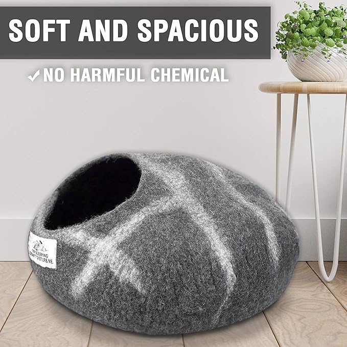 Luxurious Eco-Friendly Merino Wool Cat Cave Bed - Foldable Hideaway Pod for Indoor Cats - Premium Felt Kitten Beds - Covered Cat House for Ultimate Cozy Comfort by Woolygon
