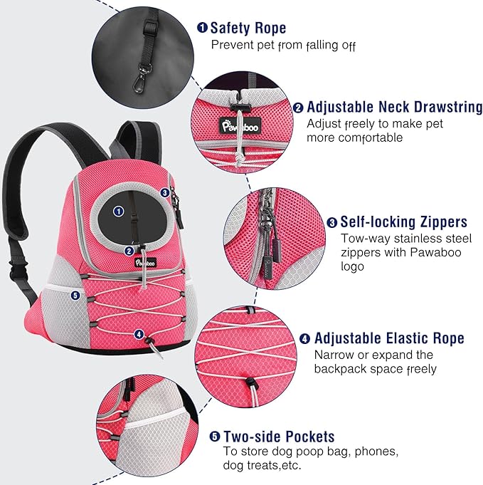 Pawaboo Pet Dog Carrier Backpack, Puppy Dog Travel Front Carrier for Small Medium Dogs Cats, Adjustable Breathable Dog Carrying Backpack with Safety Strips for Hiking, Walking (Pink S Up to 5 lbs)