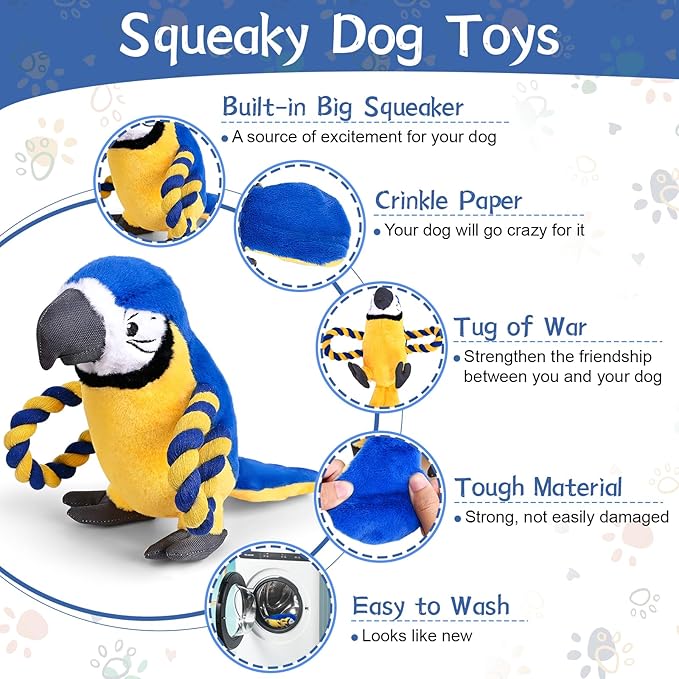 Squeaky Dog and Puppy Toys to Keep Them Busy, Interactive Dog Plush Toy, Crinkle Pet Toy for Tug of War, Rope Toy for Small, Medium, Large Breeds, Stuffed Chewy Toys for Puppy Teething