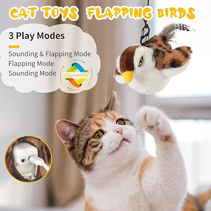Cat Toys Flapping Bird, Lifelike Sparrow Chirp Tweet, Rechargeable Touch Activated Kitten Toy Interactive Exercise Toys for All Breeds Cat Kicker Catnip Toys, No Flying (Large 8.6 x 3.7)