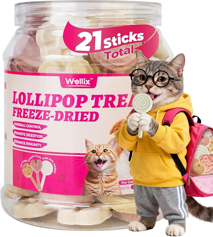 Wellix Freeze Dried Dog&Cat Treats - High Protein Chicken Recipe Lollipop Cat Treats - Three Flavors (Cat Grass, Dragon Fruit, Goat Milk) - Low Calorie Training Treats 21pcs