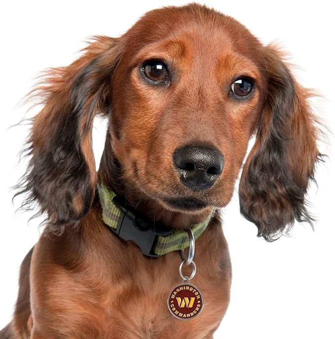 NFL Washington Commanders Engraving Pet ID Tags in 32 Team Logo Shapes Personalized Dog Tags and Cat Tags with 3 Lines of Customizable Text for Tracking & Safety. Stainless Steel Pet ID Tracking Tags