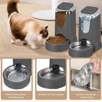2 Pack Automatic Cat Feeder and Stainless Steel Water Dispenser, Gravity Dog Waterer Set Food Feeder and Waterer Set for Small Medium Kitten Puppy Pets(1 Gallon x 2, Charcoal Gray)