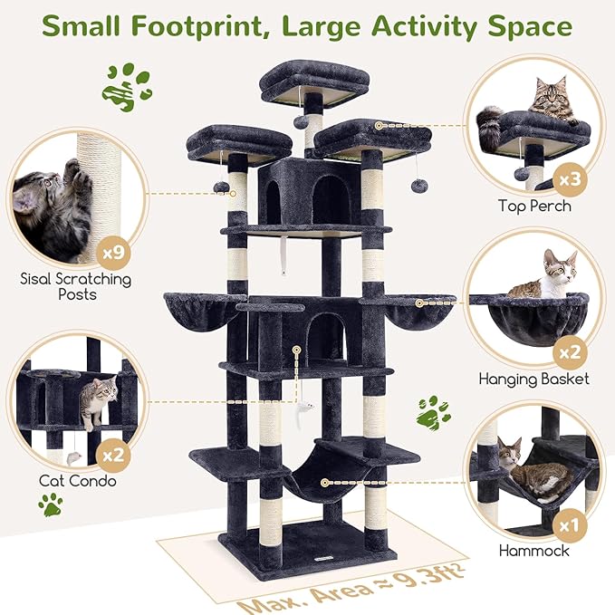 Globlazer Big Cat Tower for Indoor Cats, 80inch Cat Tower for Multiple Adult Cats XXL Cat Tree with Scratching Post, Hammock, 3 Perches, 2 Condos, 2 Hanging Basket, F80, Dark Grey